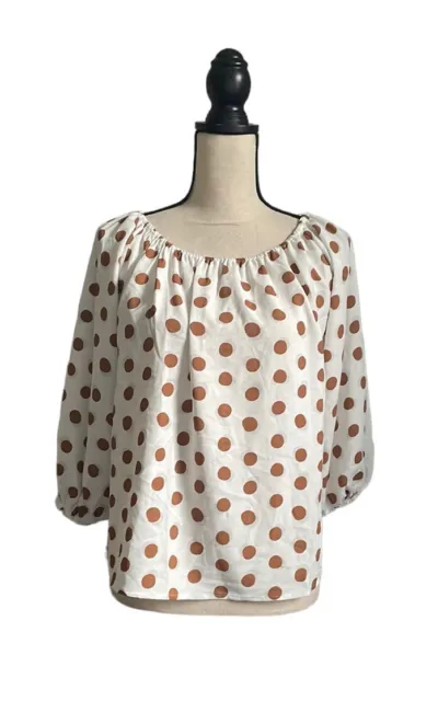 Off the Shoulder Ann Taylor White Brown Polka Dot 3/4 Sleeve Blouse size Small