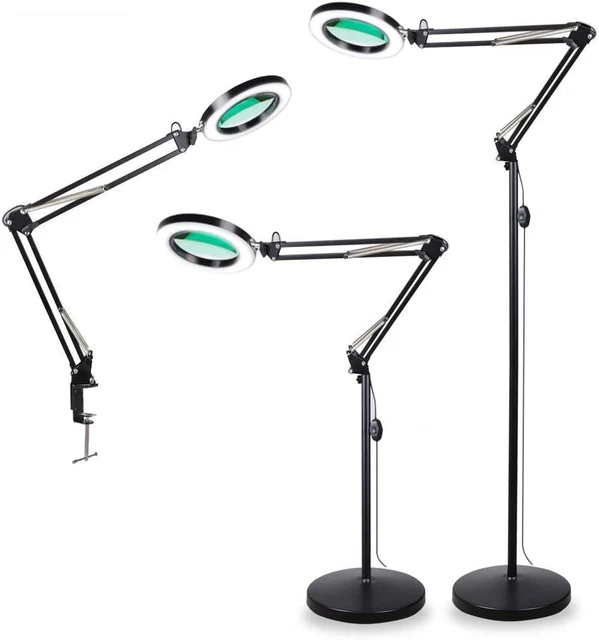3-In-1 Magnifying Glass Floor Lamp with Clamp, White/Warm White Lighted Magnifie
