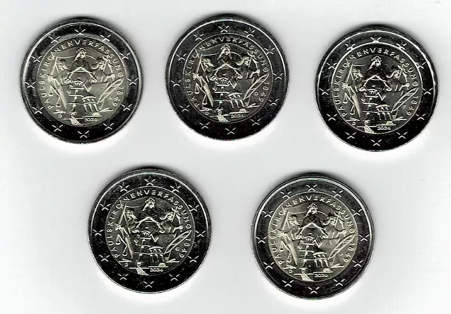 5 x 2 Euro Paulskirchenverfassung 1849, Deutschland 2024 ADFGJ Komplettsatz unc