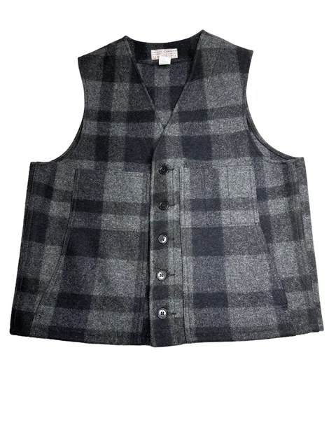 Filson Mackinaw Vest Men's Size 44 100% Virgin Wool Style 20 Black Gray Plaid