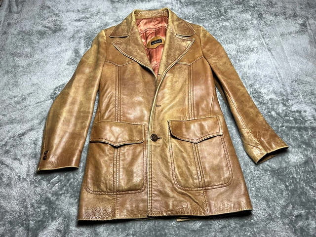 Vintage Cortefiel Jacket Mens 36 Tan Leather Lined Coat Made in Spain