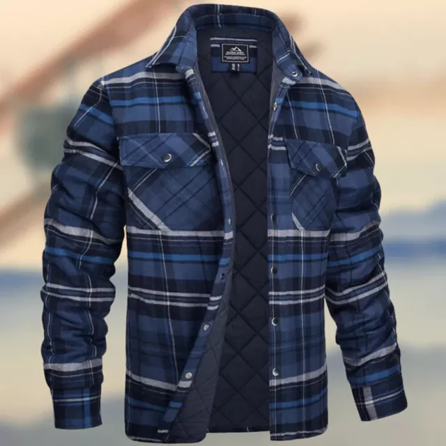 Mens Jacket Heavy Fleece Lined Plaid Flannel Lapel Sweatshirt Coat Warm Casual