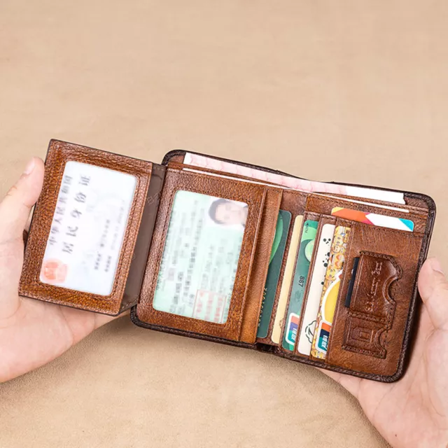 Genuine Leather Men Bifold/Trifold Wallet RFID Blocking Credit card Holder Retro 9