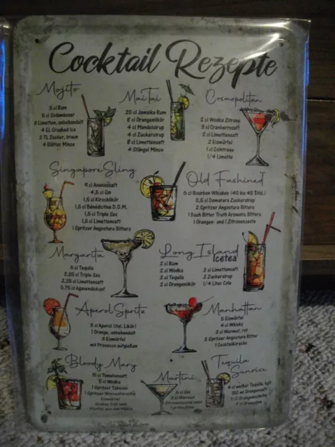 Blechschild  20x30cm Cocktail Rezepte für Bar Mojito, Mai Tai, Margarita