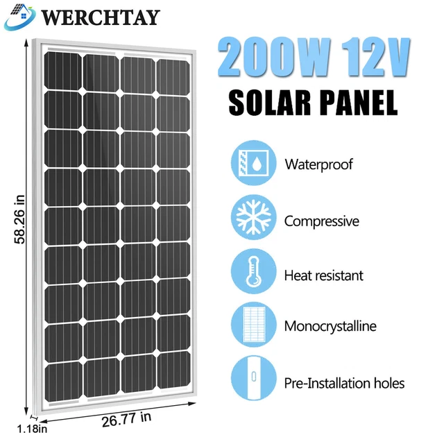 200Watt 12V Monocrystalline Solar Panel Home RV Car Battery Charger Off Grid PV