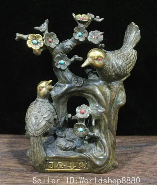 10.4" Old China Qianlong Marked Bronze Gilt Inlay Gems Plum Flower Magpie Statue