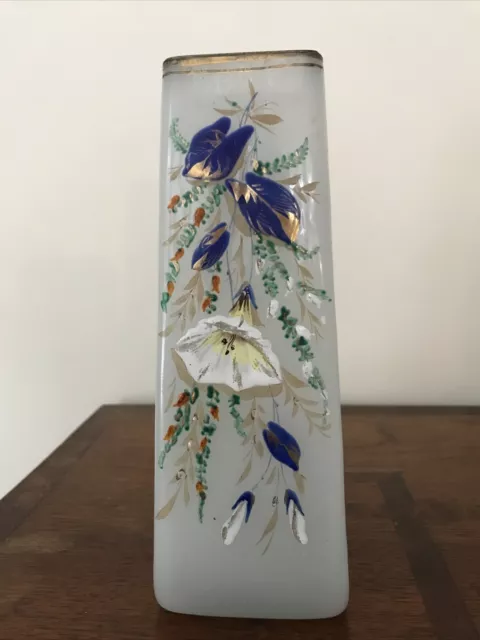 Vintage Glass Opaline Vase Hand Painted White Blue Gold Floral