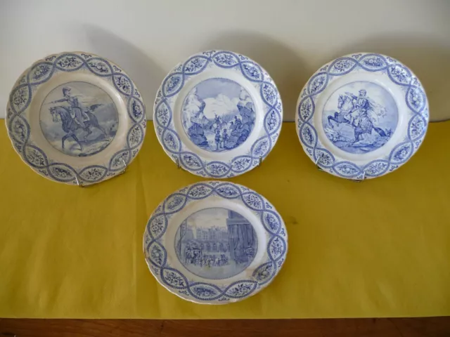 4 ASSIETTES FAIENCE BORDEAUX XIX° DAVID JOHNSTON & Cie VIE DUC D’ORLEANS CONQUET