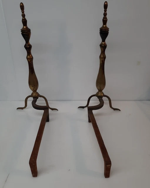 Vintage Andirons Set Brass Finial Top Cast Iron Colonial Style Fireplace
