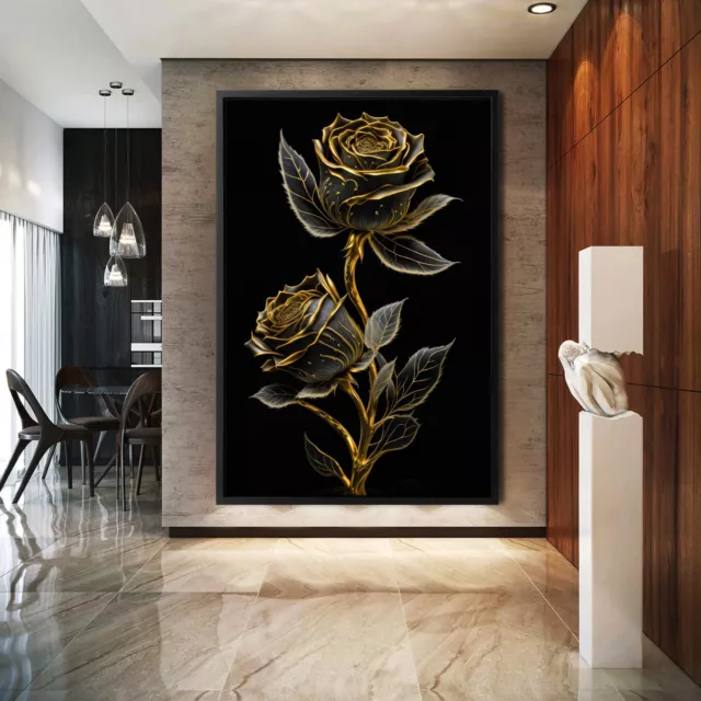 Wandbild Leinwand mit Rahmen , Goldene Blumen Rosen , Luxus , Kunst Home Deko