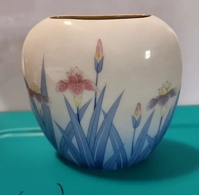 Vintage Flat Oval Porcelain Otagiri Floral Blue Iris Vase White Pink Gold Accent