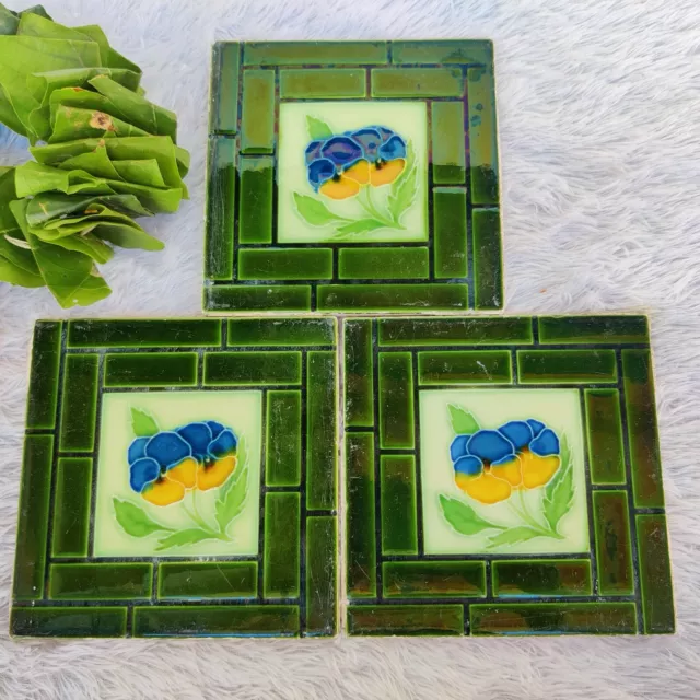 Vintage Embossed Floral Design Majolica Art Architecture Tile 3 Pc England CT92