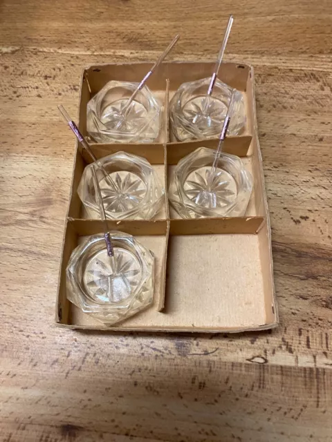 Vintage 5 Bohemian Open Salts Clear Crystal with Spoons in package 2"
