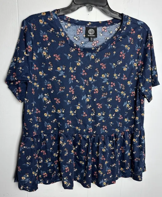 NWOT Bobeau womens short sleeve Blue Floral baby doll blouse, Polyester Sz XL