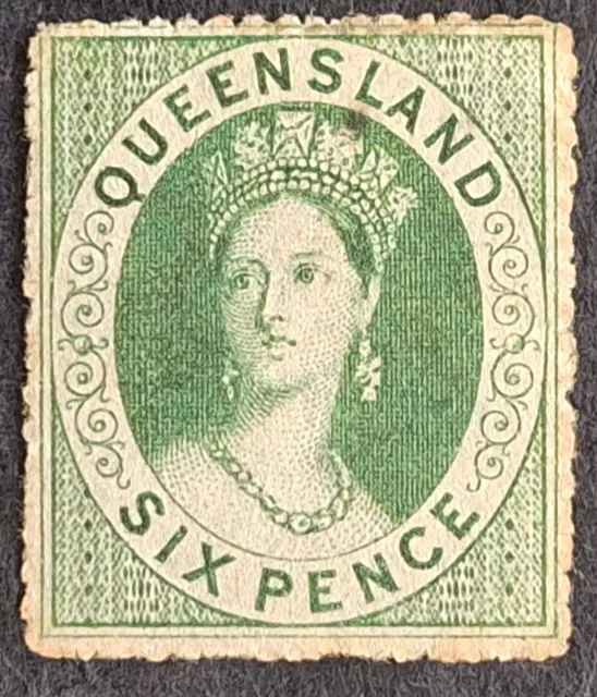 1861 Queensland Australia 6d Deep green Chalon head Stamp WMK Small star P14-16