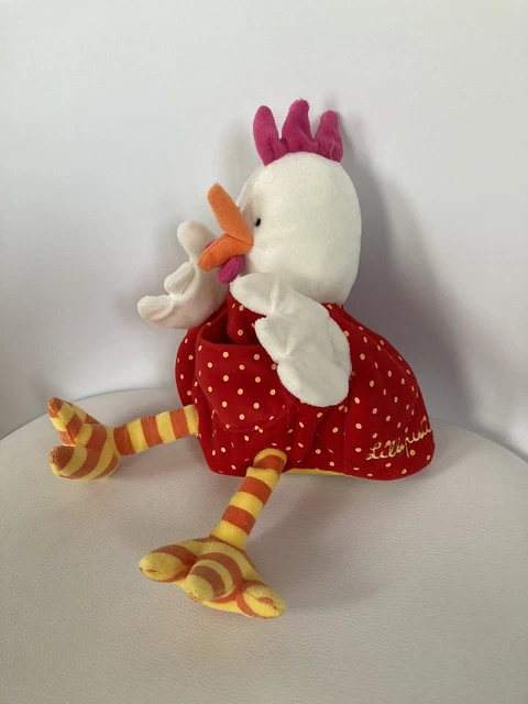 Doudou marionnette poule Lilliputiens robe rouge à pois