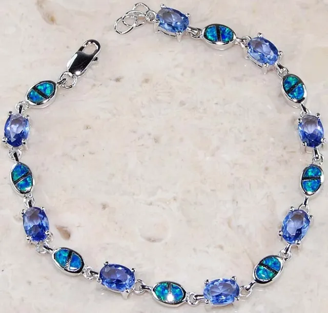 3CT Blue Sapphire & Australian Opal Inlay 925 Silver Tennis Bracelet Jewelry