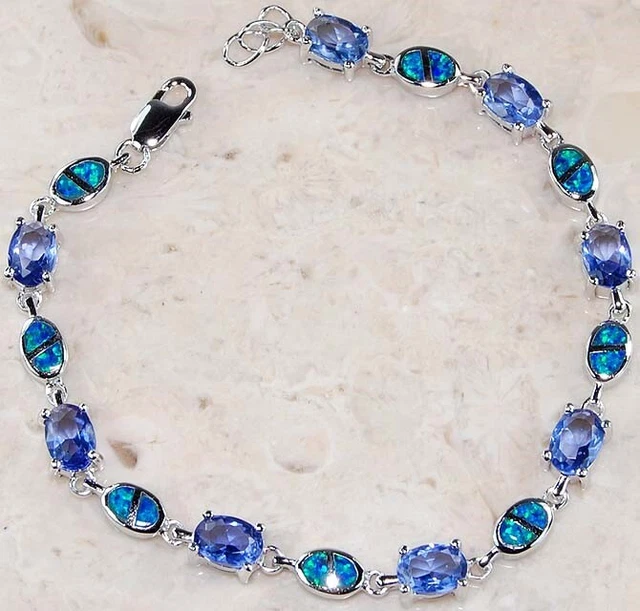 3CT Blue Sapphire & Australian Opal Inlay 925 Silver Tennis Bracelet Jewelry 3CT Blue Sapphire & Australian Opal Inlay 925 Silver Tennis Bracelet Jewelry