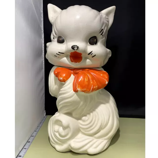 Cookie Jar 1940/50s Vintage Fluffy Cat American Bisque Cookie Jar with Red Bow