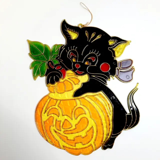Vintage Suncatcher Black Cat Jack O' Lantern Textured Plastic 8" Tall Wall Décor