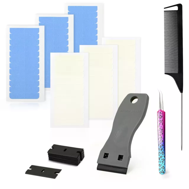 Hair Extensions Tools Tape Tabs Double & Single Sided /Comb/Tweezers/Scraper Kit