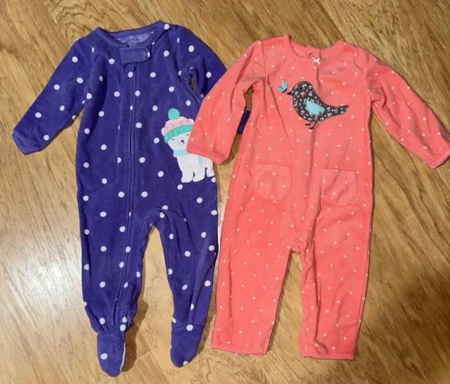 Carter's Baby Girl Footed Sleeper Fleece Romper Size 12 Month Lot of 2 Clothes