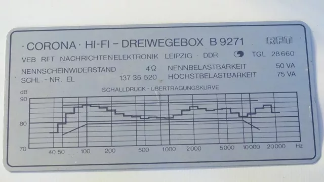 Lautsprecherbox Corona DDR Typenschild Dreiwegebox B9271 RFT Alu