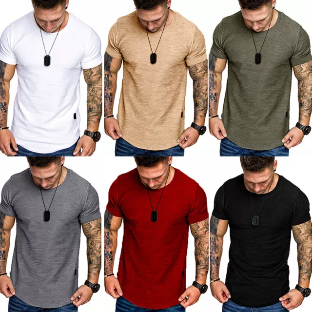 Au Uomo Casual Slim Fit T Shirt Palestra Muscolo Girocollo Manica Corta ♪