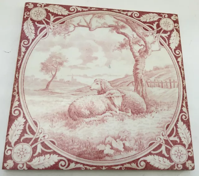 rare ART NOUVEAU TILE resting sheep on the pasture near the village GIEN France
