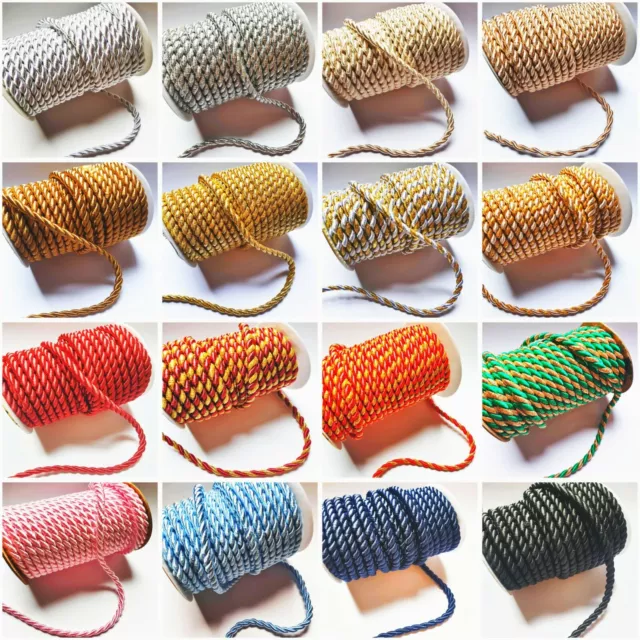 Satin Twisted Trim Barley Braid Cord Rope 6mm - 17 Colours- 1m - Upholstery Xmas