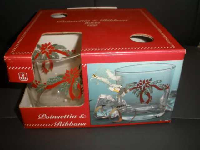 Set of 4 Vintage Anchor Hocking Poinsettia & Ribbons 9 oz Rocks Glasses with Box