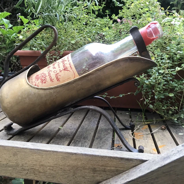 French Jean Goardere Wine Bottle Holder Stand Brass Wrought Iron Vintage Carrier 10