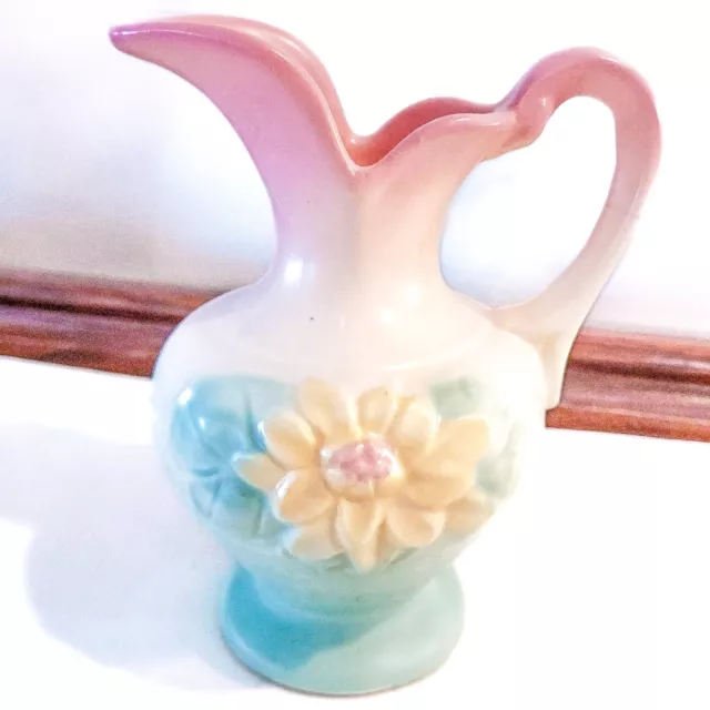 Antique Hull Art Pottery Water Lily Pink & Turquoise Pitcher Ewer Jug L-3 5.5"