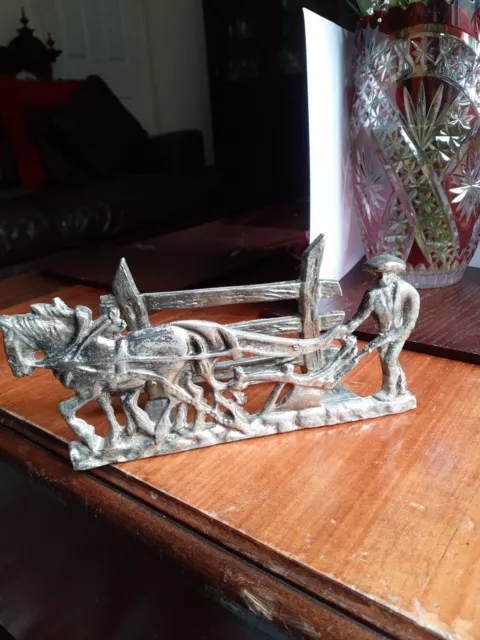 Vintage brass Metal Letter Holder Rack with Man Ploughing Field, Shire Horse & R