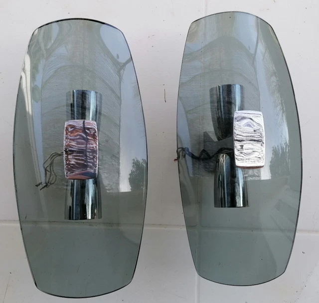 Paire d appliques mural 1970 en verre fumé et chrome dlg véca fontana arte