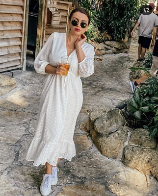 Zara Nwt Ss21 Woman Cutwork Embroidery White V-Neck Midi Dress Ref. 2578/884