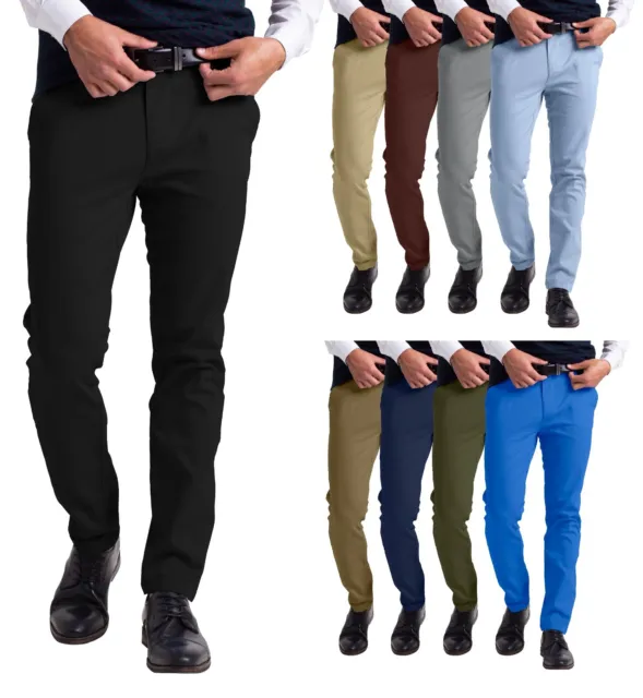 Mens Chino Slim Fit Workwear Casual Comfort Stretch Cotton Flat Front Full Pants