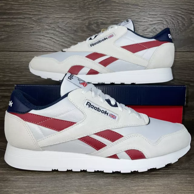 Reebok Men's Classic Nylon Suede White Red Navy Athletic Shoes Sneakers Trainers
