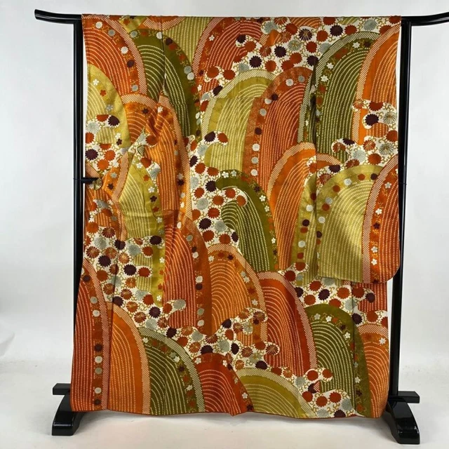 Japanese Kimono Furisode Pure Silk Chrysanthemum Whitecaps Gold Paint Orange