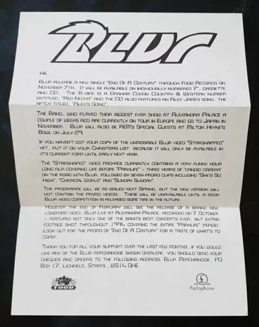 Blur End Of A Century Original Announcement Letter