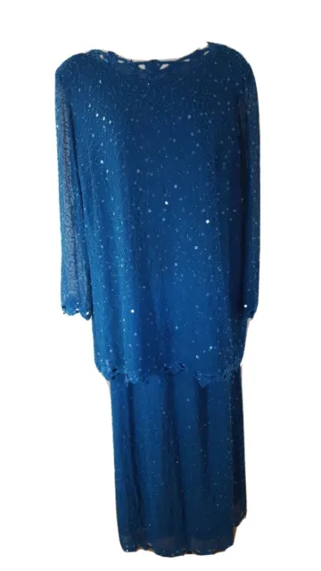 Candlelight & Champagne 2 pc Formal Dress Sz XL Blue Sequins Beads Long 8950KB