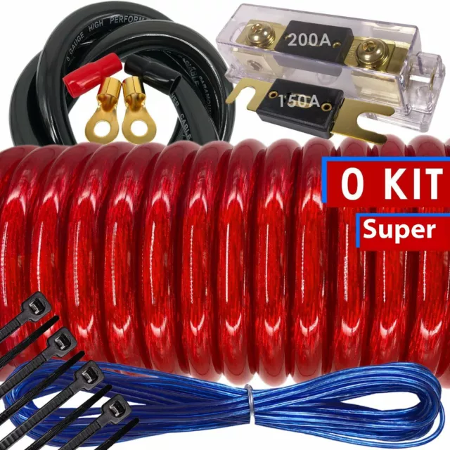 BASS POWER  0 Gauge Amp Kit  7500 WTTS Amplifier Install Wiring  0 Ga Car Wires