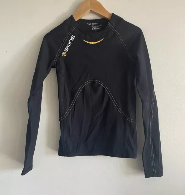 SKINS A400 Youth Active Long Sleeve Top Black Yellow Trim Sz M 8-10 Yrs RRP $130