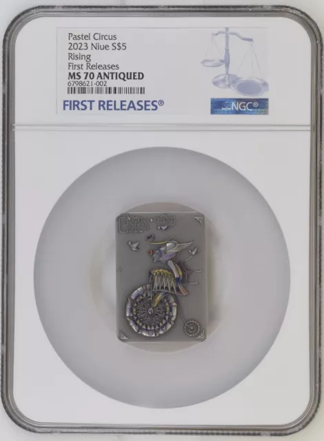 2023 Niue 2 oz Antique Silver Rising; Pastel Circus Clown NGC MS70 FR Antiqued