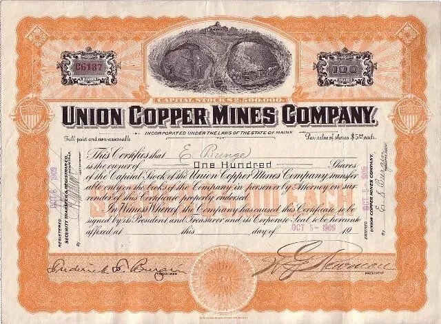 UNION COPPER MINES CO (NORTH CAROLINA)    1909 stock certificate