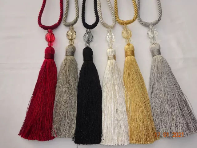 Rope Twist Tassel Crystal Bead Curtain Tie Back. Slim Elegant, New colours added