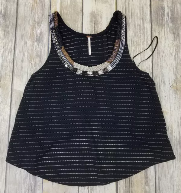 Free People Sleeveless Top Womens Size XS Black Striped Slit Back Sequin Tank