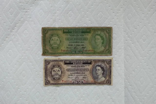 Belize Banknotes, 1 Dollar 1975 and 2 Dollars 1976