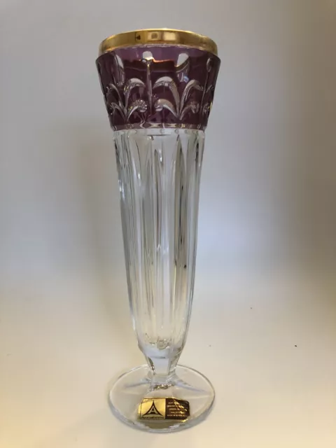 Vintage W. German ANNA HUTTE Crystal Cut To Clear Ruby Vase 9”. Gold Trim PRETTY