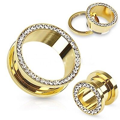 PAIR-Gold Plate w/Clear Gems Screw On Ear Tunnels 12mm/1/2" Gauge Body Jewelry
